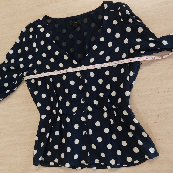 J. Crew Polka Dot Dark Navy Blue Long Sleeve Peplum Button Down Blouse - Picture 7 of 11